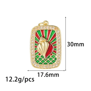 Golden rectangular ocean conch tarot pendant with colorful enamel and white zircons