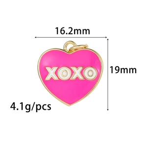 Magenta enamel heart XOXO pendant with gold trim, size 16.2mm x 19mm for DIY jewelry