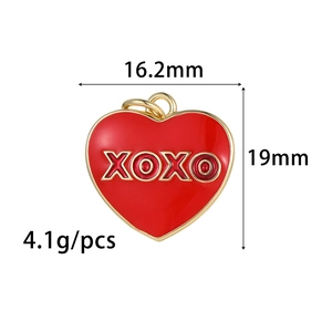 Red enamel heart pendant with XOXO gold engraving measuring 19mm for DIY jewelry