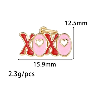 Detailed view of XOXO heart charms for DIY jewelry with size and weight marks