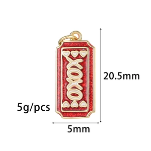 Detailed view of red glitter XOXO heart charm pendant with 20.5mm size dimensions