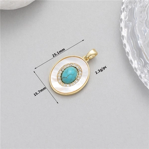Detail of 25.1mm gold-plated turquoise and zircon oval pendant with white shell inlay