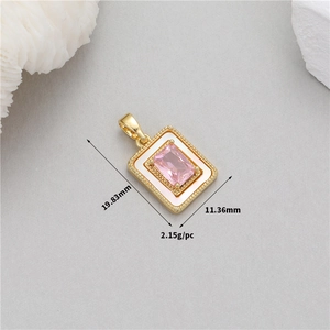 Detail of pink zircon and white shell pendant with gold plating, 19.83mm x 11.36mm size