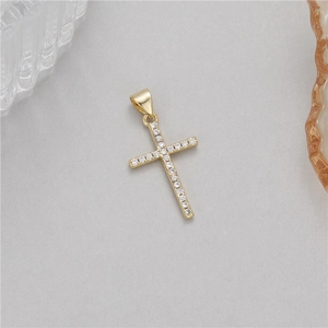Exquisito colgante de cruz dorada con circonitas blancas para creación de joyería DIY