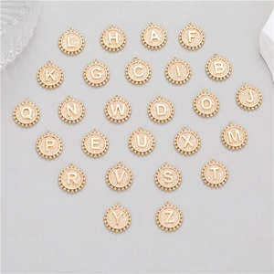 Set of 26 14K gold plated coin letter charms with rivet edge for DIY jewelry making