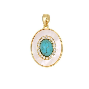 Gold plated oval pendant with white mother of pearl inlay and turquoise stone center