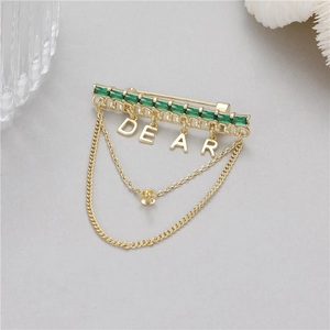Elegant gold brooch with green crystals and DEAR letter tassel chain for suit