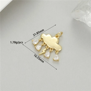 Detailed view of 14K gold plated cloud pendant with zircon raindrops and lightning bolt