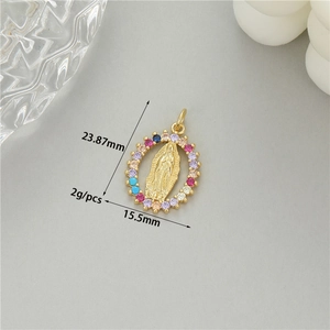 Detailed view of 14K gold Virgin Mary pendant with multi-color zircon stones and dimensions
