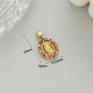 Macro detail of oval Virgin of Guadalupe pendant with colorful cubic zirconia stones
