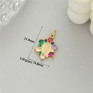 Detailed macro view of 14K gold plated Virgin Mary pendant with colorful cubic zirconia
