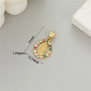 Detailed view of 14K gold Virgin Mary pendant with colorful zircons and dimensions