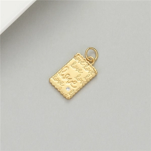 Gold-plated rectangular charm with love engraving and small white crystal for DIY jewelry