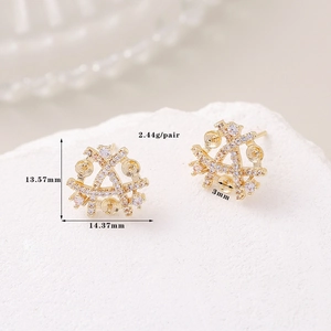 Detail showing precise 13.57mm by 14.37mm dimensions of clover zircon stud earrings