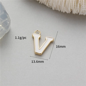 Golden 16mm letter V pendant with white enamel inlay and 1.1g weight specification