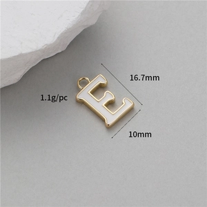 Detail view of a gold-plated letter E pendant with white enamel finish and dimensions