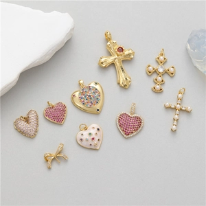 DIY jewelry charm set with zircon heart, cross, and butterfly pendants in gold finish