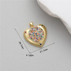 Detailed view of heart pendant with colorful zircon micro-inlay and dimension specs