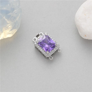 Fermoir rectangle en zircon violet avec halo argenté et connecteur à 4 trous intégré