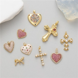 Copper Rhinestone Heart Cross Bow Pendants Gold Plated Artificial Pearl Charms For DIY Necklace Bracelet Jewelry Making Women