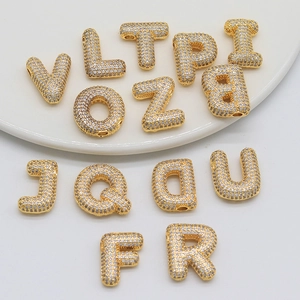 14K Gold Plated Copper Puffy Initial Letter Pendant With Zirconia For DIY Necklace Bracelet Making Jewelry Pendant Only