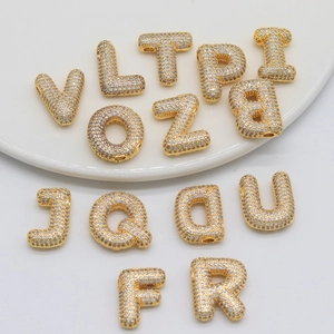Golden 3D puffy initial pendant necklace with shimmering zircon stones for DIY jewelry making