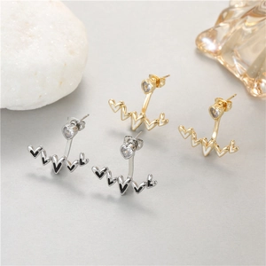 Elegant heartbeat wave heart earrings in gold and silver finish with zircon stones