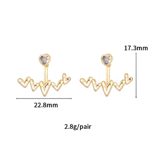 Detailed size specifications for gold heart earrings with zircon studs and white oil drip