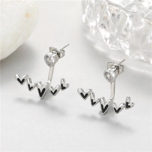 Fashion Copper Heartbeat Heart Ear Jacket Stud Earrings With 925 Sterling Silver Earring Post Rhinestone Jewelry For Women
