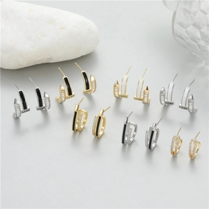 Chic U-shaped 925 silver needle earrings with zircon and enamel in gold and silver