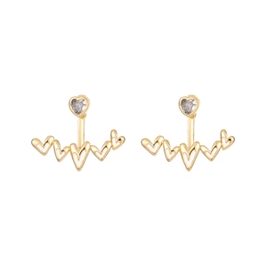 Golden heart ear jacket earrings with clear zircon and white enamel heart charms