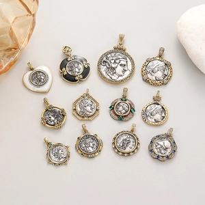 Retro Münze Porträt Relief Anhänger Kupfer Strass Inlaid DIY Schmuck Zubehör Für Halskette Machen Vintage Gold Silber Ton