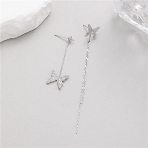 Elegant asymmetrical butterfly tassel earrings with cubic zirconia in silver finish