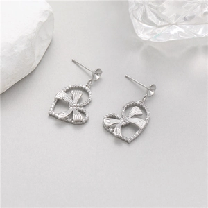 Elegant silver heart drop earrings with bowknot and zircon studs for women fashion