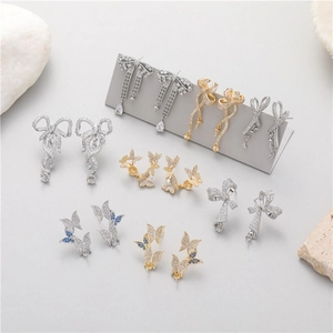 DIY Kupfer Zirkonia Schmetterling Schleife Ohrring-Zubehör Mit 925 Sterlingsilber Stift Gold Silber Galvanisierter Schmuck