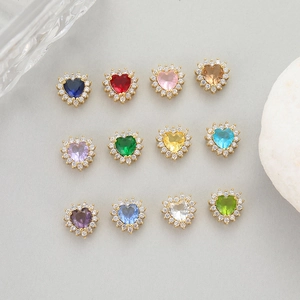 Set of 12 colorful heart-shaped crystal charms with cubic zirconia halo in gold plating