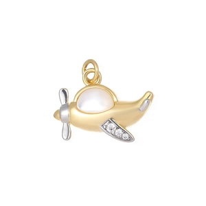 Miniature gold plated airplane pendant charm with pearl and cubic zirconia stones