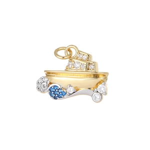 Yacht charm pendant in gold plating with blue and white zircons for jewelry making
