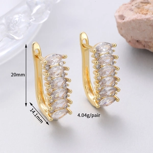 Detailed view of gold earrings with marquise zircon showing 20mm height and weight specs