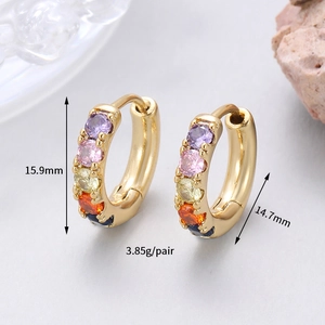 Detailed macro view showing dimensions of rainbow zircon gold hoop earrings
