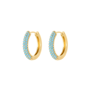 Elegant gold hoop earrings featuring triple rows of vibrant sky blue turquoise beads