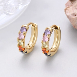 Minimalist gold hoop earrings with multi-colored round cubic zirconia inlays