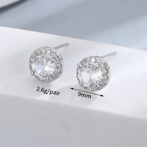 Detail view of 9mm round halo stud earrings showing size and weight specifications