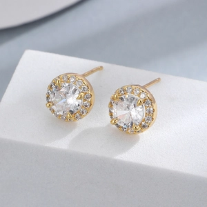 Classic S925 silver gold-plated halo stud earrings with brilliant zircon stones for women