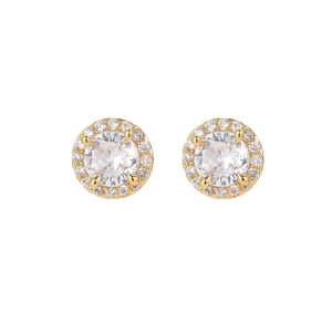 Elegant 925 silver needle gold stud earrings with round cubic zirconia and halo diamond