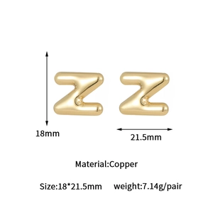 Detailed specs of gold bubble letter Z earrings in copper showing size and weight