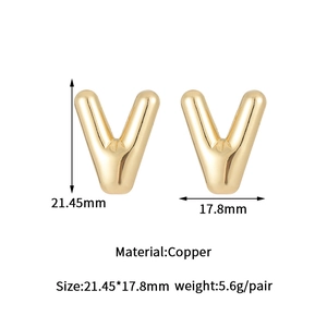 Polished golden letter V bubble stud earrings with dimensions of 21.45 by 17.8mm