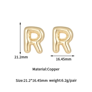 Detailed size specifications for gold balloon-style letter R copper stud earrings