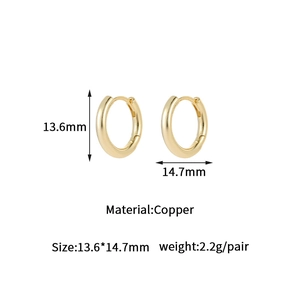 Detailed view of 14K gold plated copper hoop earrings with 13.6mm by 14.7mm dimensions
