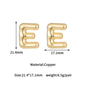 Detailed size specifications for gold 3D bubble letter E earrings made of copper